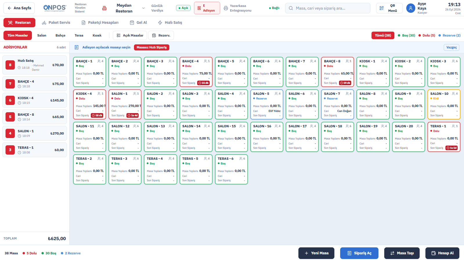 ONPOS Adisyon-POS table management screen — real product interface